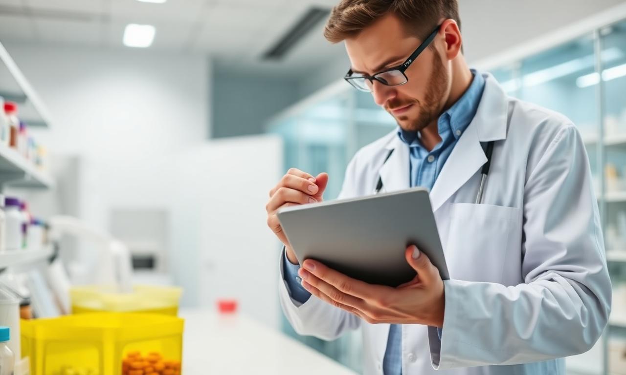 Researcher in a lab reviewing clinical trial data on a tablet