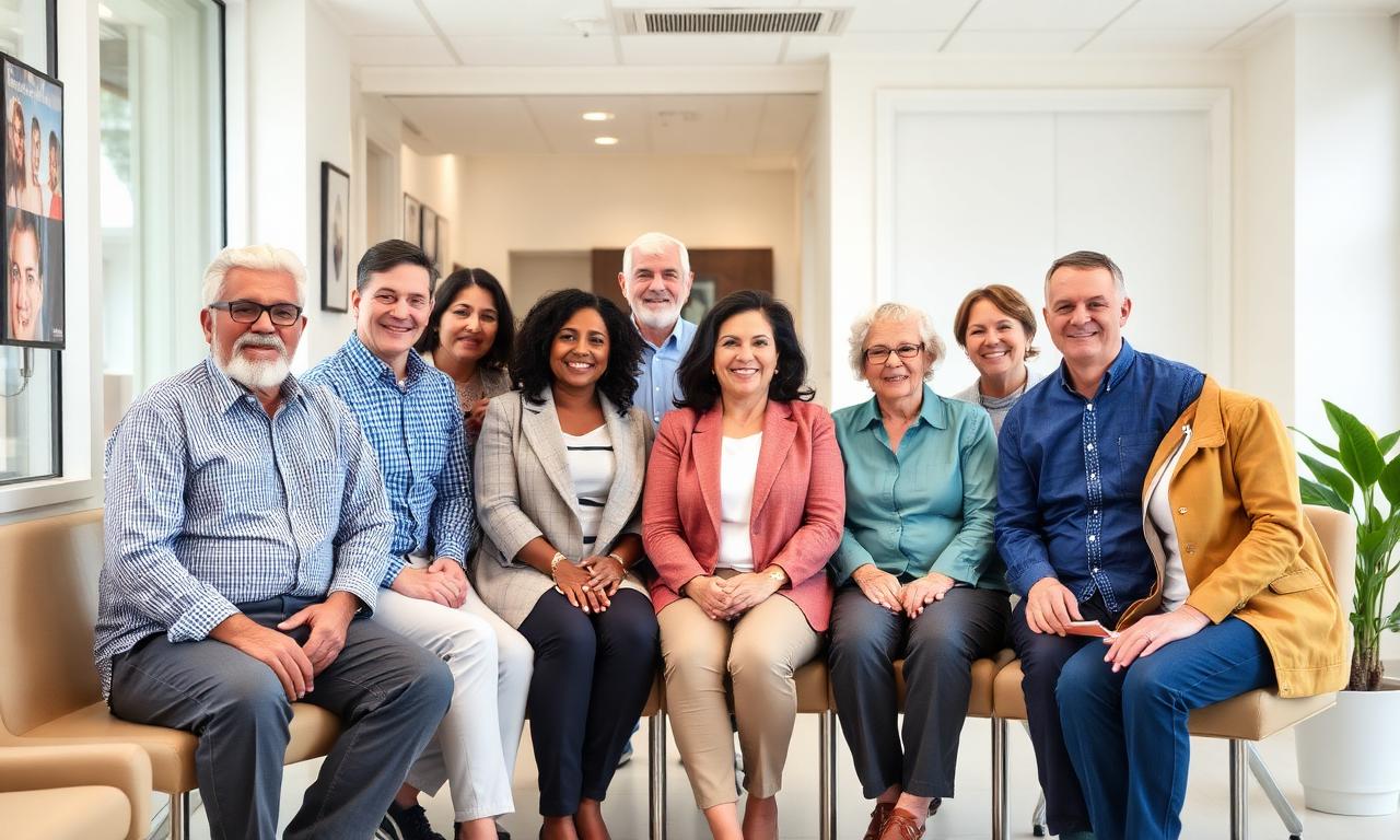 Diverse group of adults in a bright clinic waiting area