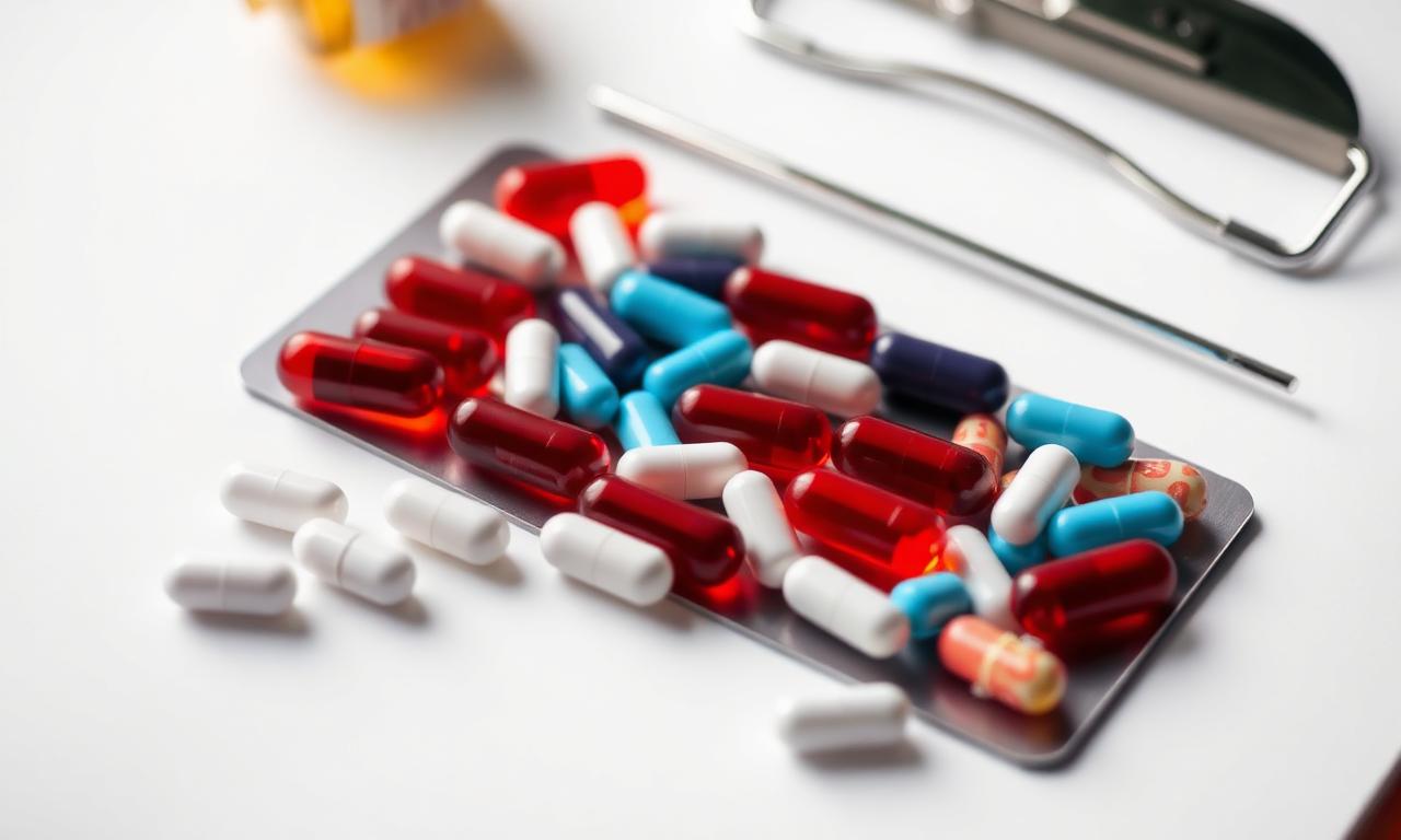 Assorted capsules and pills arranged on a clean white surface