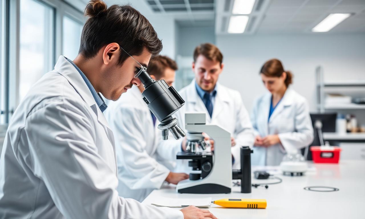 Scientists working with a microscope in a modern research laboratory