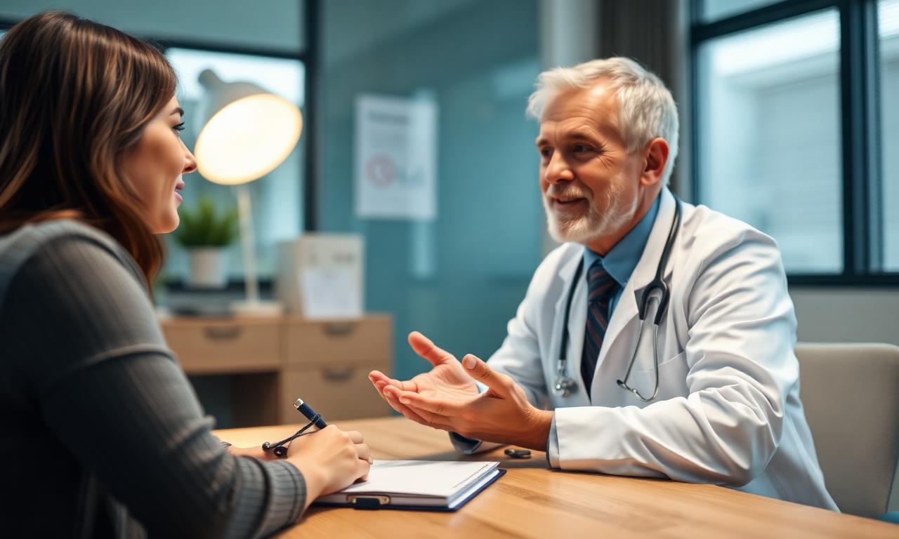 Patient in conversation with a doctor across a desk, taking notes